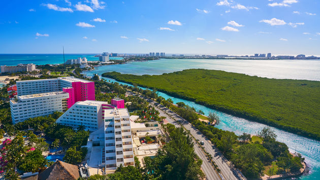 An aerial view of Cancun's Hotel Zone at Playa Linda.