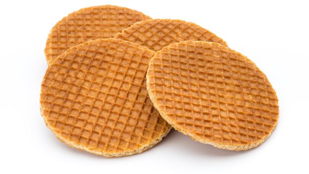 Stroopwaffels consist of caramel placed between two wafer cookies.