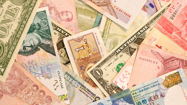 An assortment of paper currency from around the world