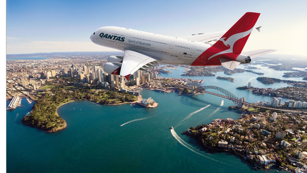 Qantas Airbus 380 jet over Sydney Harbor