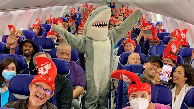Shark Week mascot Chompie on a Southwest Flight.