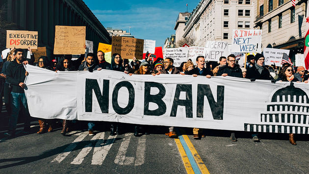 Protestors rallied in February in Washington over the original travel ban.