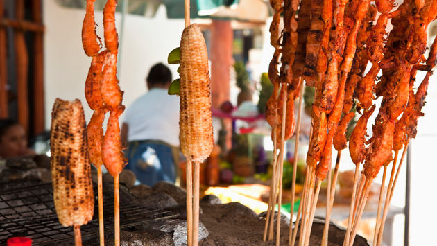 Grilled Shrimp and Corn Kebabs in Puerto Vallarta, Mexico