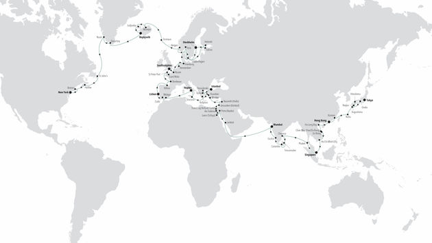Silversea Cruises, route, map, Controtempo World Cruise, Silver Dawn