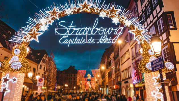 Entrance to the main shopping lane in Strasbourg's Christmas Market in Alsace, France.