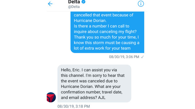 Delta Twitter Direct Message