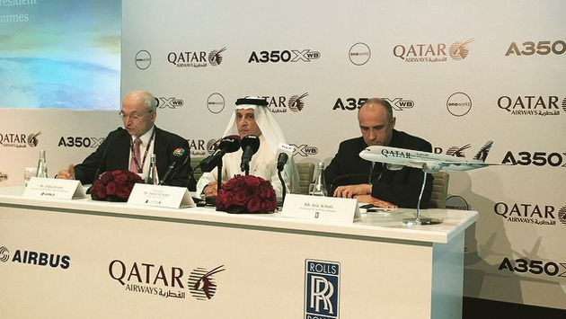 A Qatar Airways A350 press conference with Qatar CEO Akbar Al Baker at center