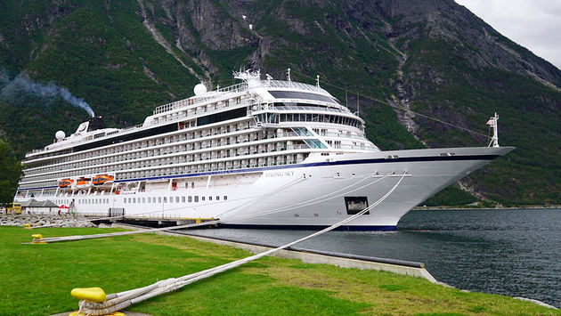 Viking Ocean Cruises' Viking Sky docked in Eidfjord, Norway