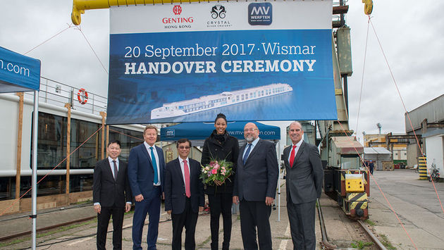 Colin Au, Group President of Genting Hong Kong; Gustaf Gronberg, Senior Vice President of Marine Operations of Genting Cruise Lines; Tan Sri Lim Kok Thay, Chairman of Genting Hong Kong and Crystal Cruises; Lauren Barfield, Godmother of Crystal Mahler; Harry Glawe, Mecklenburg-Vorpommern’s Economics Minister; Tom Wolber, president and CEO of Crystal
