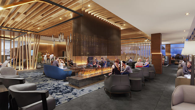 Fireplace and natural wood bring the comfort of home into the DCA Admirals Club.