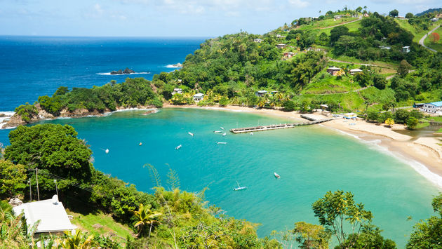 Tropical bay surrounded by the Caribbean Sea on the north coast of Tobago.