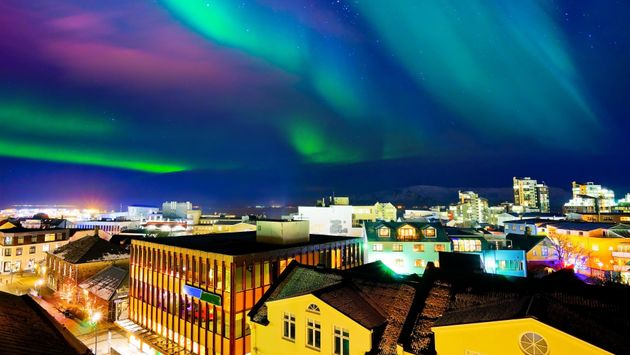 Northern Lights from the city center in Reykjavik, Iceland