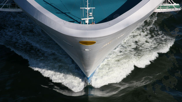 Bow of cruise ship in ocean.