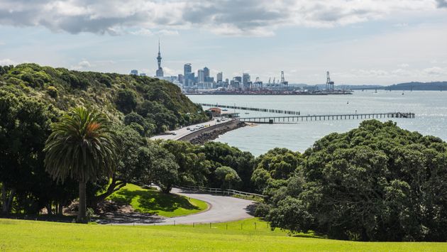 Auckland city panorama with road and yachts in New Zealand