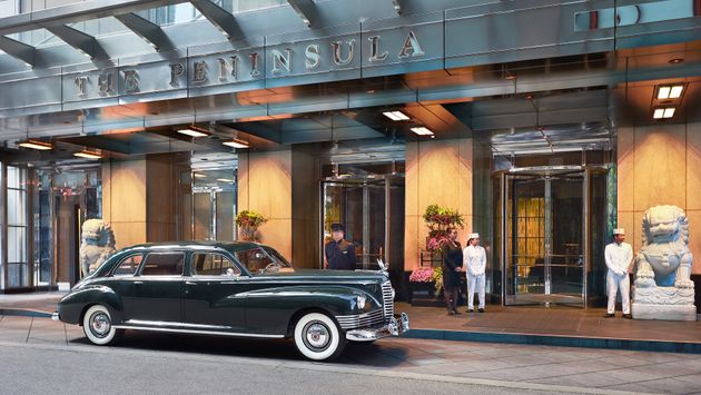 Vintage, car, automobile, vehicle, Packard, Peninsula, Chicago, hotel, entrance