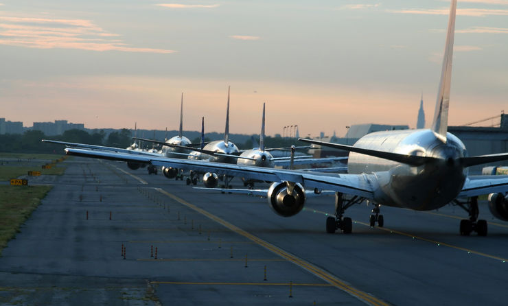 Planes on runway at New York's JFK airport.