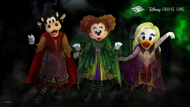 Minnie Mouse, Daisy Duck and Clarabelle Cow dressed like the Sanderson Sisters from Hocus Pocus.