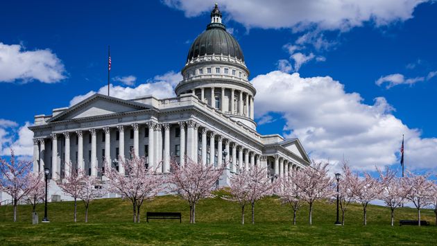 Cherry blossom trees ring the Utah State capitol in Salt Lake City.
