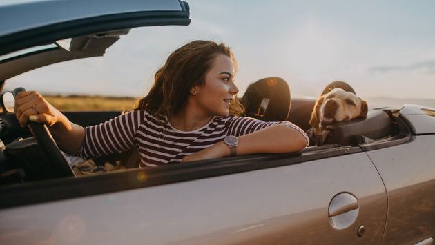 Young woman traveling by car with her dog.