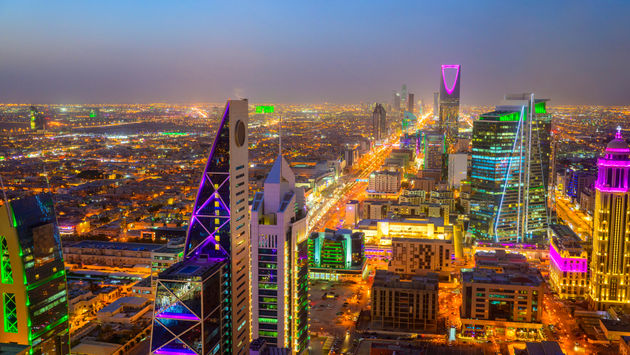 Riyadh lights up at night.