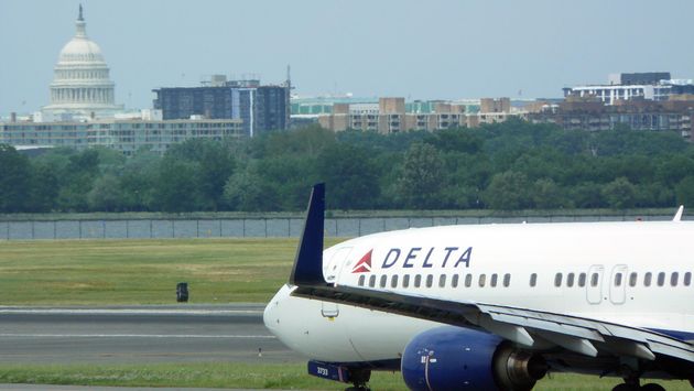 A Delta Air Lines plane taxiing at Ronald Reagan Washington National Airport