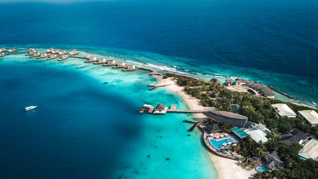 Aerial view over a resort in the Maldives.