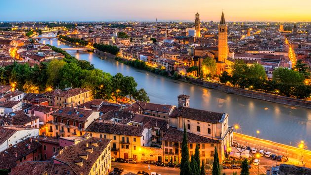 Aerial view of Verona, Italy at sunset