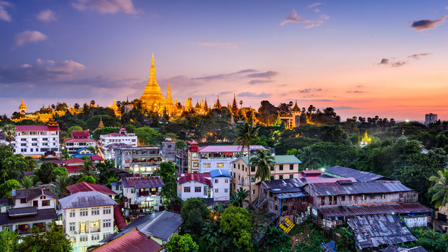Yangon, Myanmar skyline with Shwedagon Pagoda.