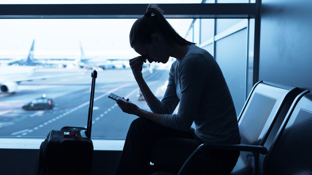 woman, airport, sad woman, stress, cellphone