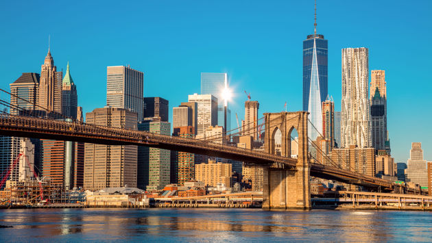 Skyline of downtown New York City and the Brooklyn Bridge.