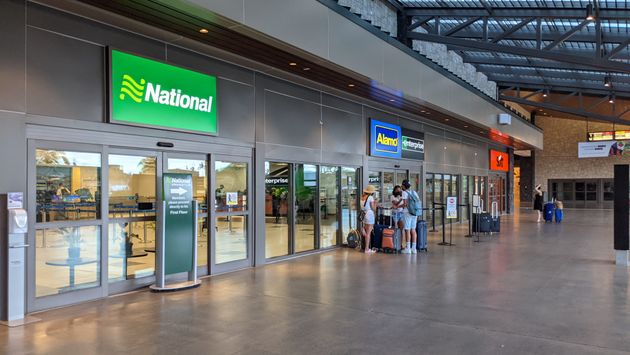 National, Alamo and Enterprise car rental stations at airport.