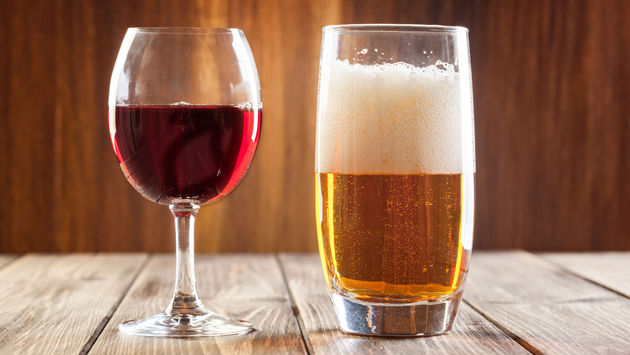 Red wine glass and glass of beer