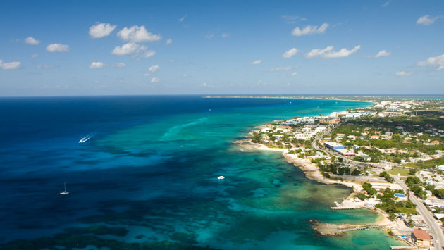 Aerial view of Grand Cayman overlooking George Town and Seven Mile Beach to the north.