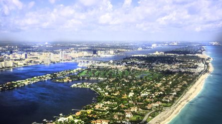 An aerial view of the Atlantic Ocean and West Palm Beach, Florida