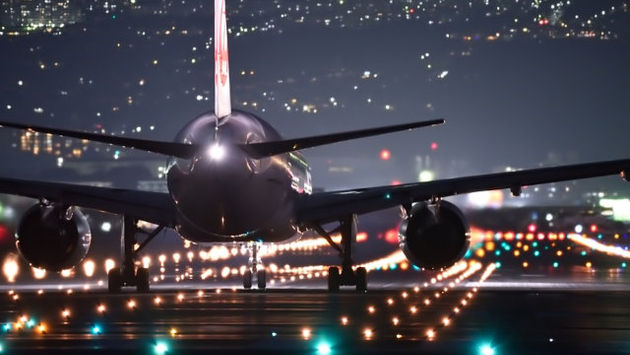 Night flight, airplane