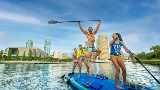 A group paddle boarding in Tampa