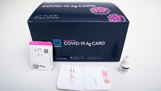 BinaxNOW COVID-19 Ag Card rapid test kit from Abbott Laboratories.
