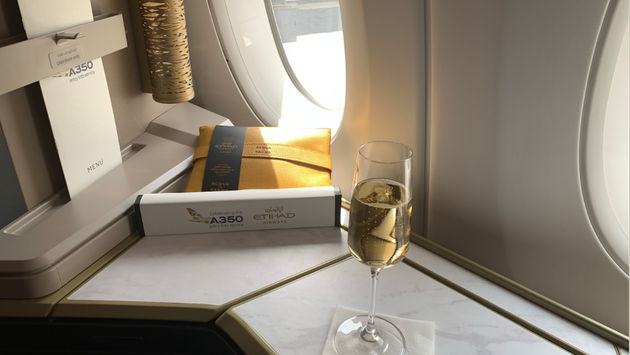 Pre departure Champagne in the business class cabin