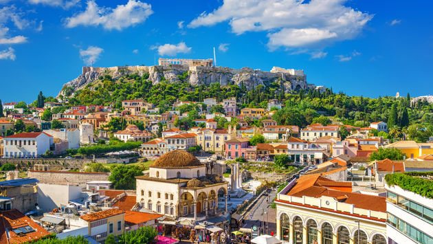 View of the Acropolis from the Plaka, Athens, Greece