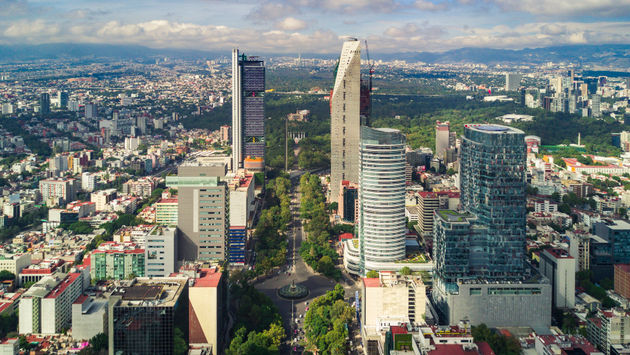 An aerial view of he upscale Paseo de la Reforma in Mexico City< Mexico.