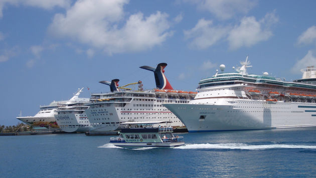 A row of cruise ships docked in Nassau, Bahamas