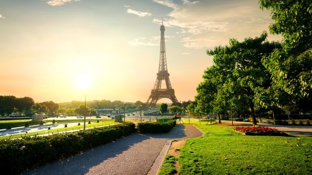 Eiffel tower near green park in Paris, France
