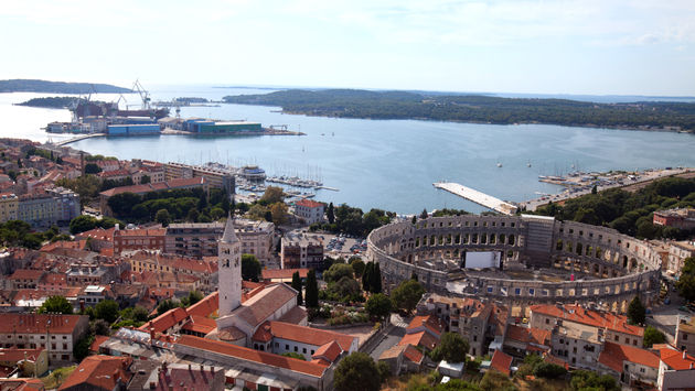 Aerial view of the ancient Roman amphitheater in Pula, Croatia.
