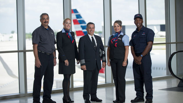 American Airlines flight attendant, pilot, maintenance, fleet service and gate agent together