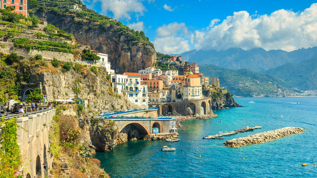 Panoramic view of Amalfi and harbor, Italy, Europe