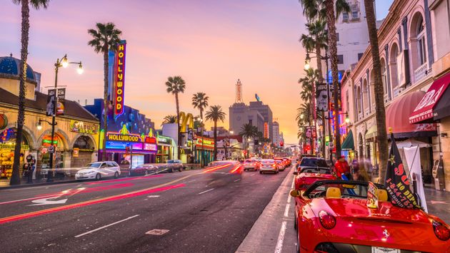 Hollywood Boulevard in Los Angeles at dusk