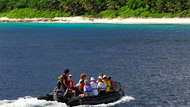 Guests in zodiac boat to the Seychelles’ Vallee de Mai Nature Reserve.