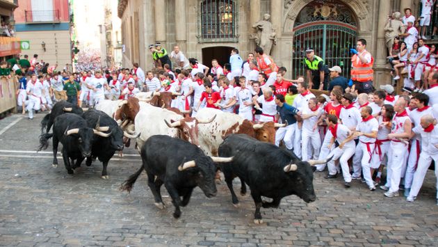 The Running of the Bulls during the San Fermin festival in Pamplona, Spain