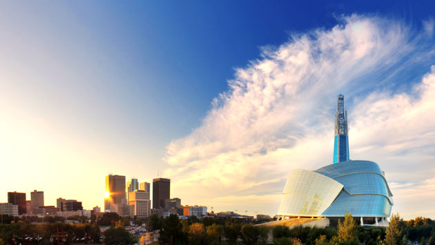 The stunning Canadian Museum for Human Rights towers over the Winnipeg skyline.