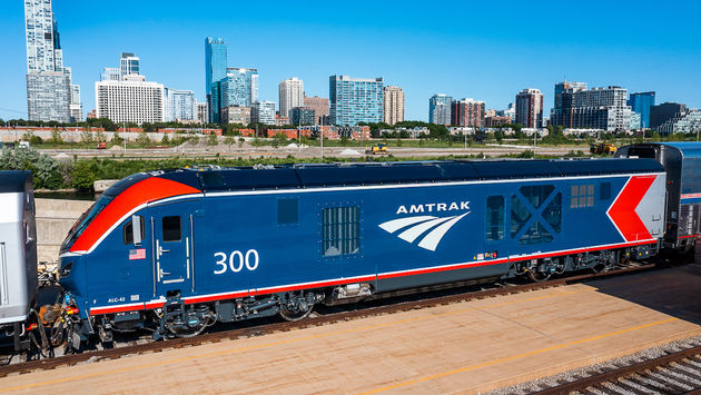 Amtrak's new ALC-42 low-emissions diesel-electric train on display at a Chicago exhibition.